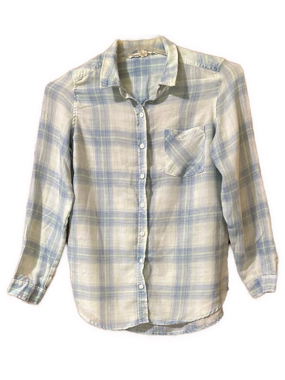 Women’s Small Hippie Laundry Blue, Cream & Pale Green Plaid Long Sleeve Shirt